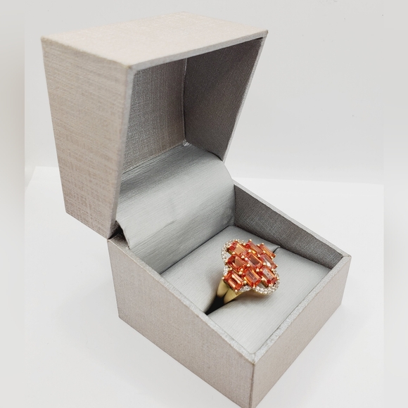 Genuine Padparadscha Sapphire & Topaz Yellow Gold / 925 Sterling Silver Ring - Picture 7 of 7